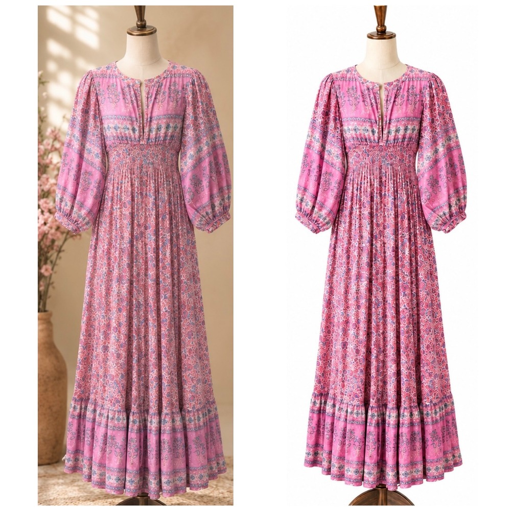Karni Maxi Dress Womens Large Pink Floral Boho Cottagecore Cotton Puff Sleeve